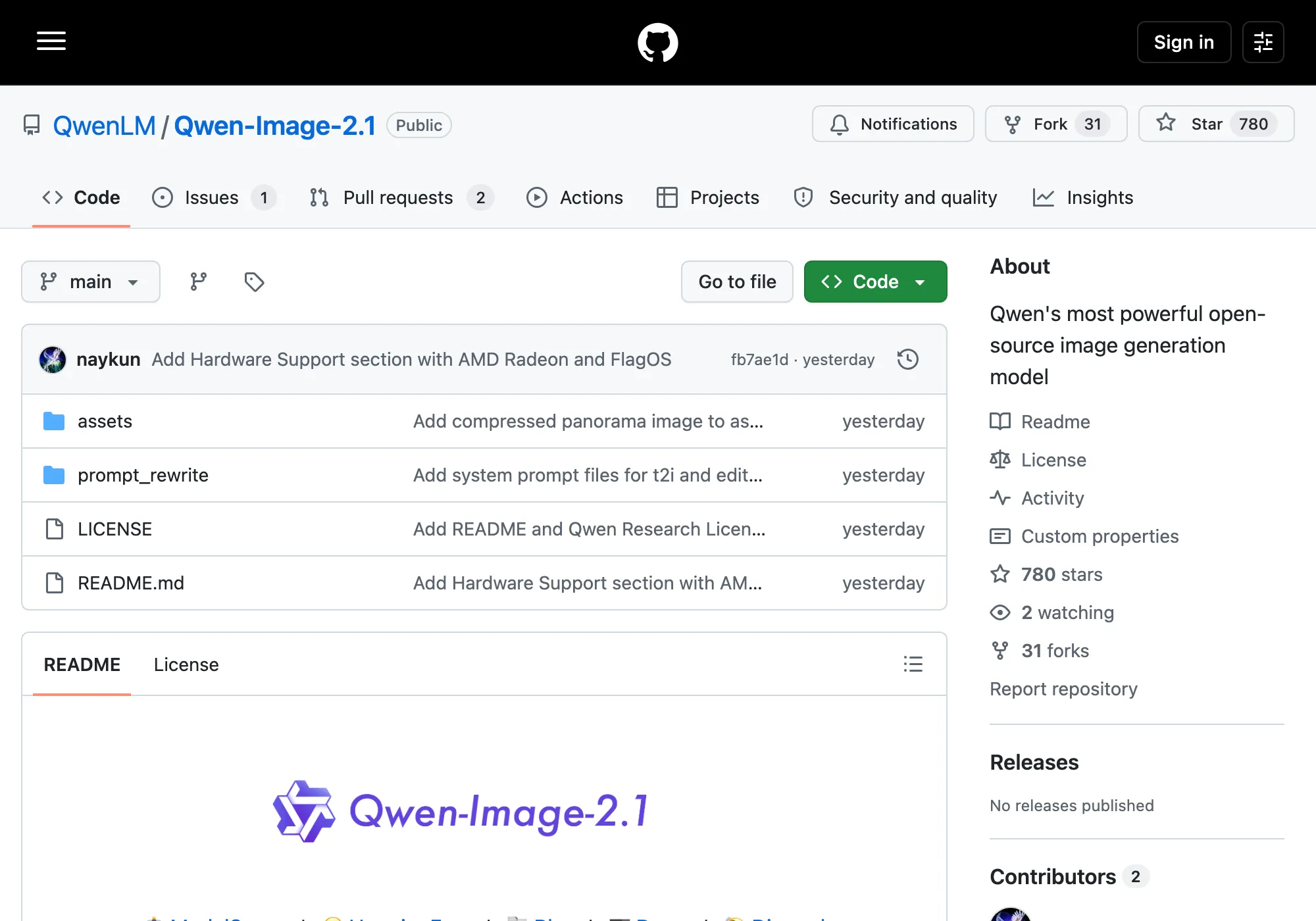 GitHub의 QwenLM/Qwen-Image-2.1 저장소 첫 화면